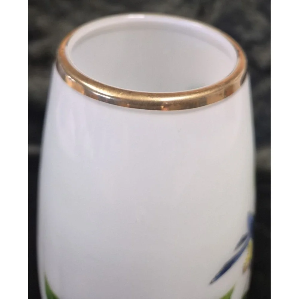 White Hand Painted Glass Bluebird and Camillia Flower Vase with Gold Accent
